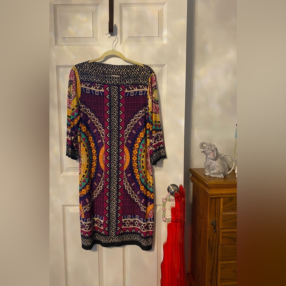 ECI Purple and Orange Geometric 3/4 Length Sleeve Dress